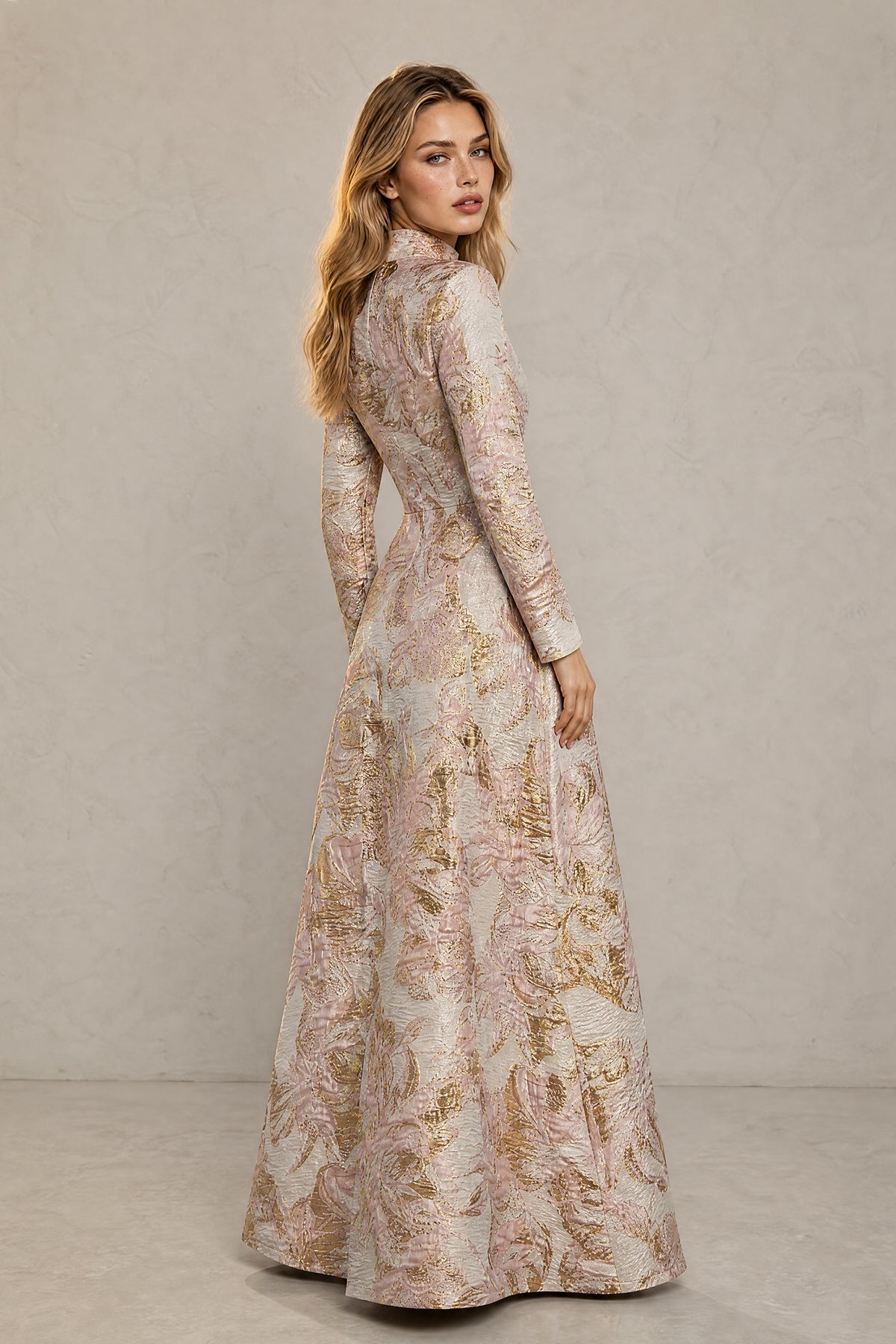 BOLODOO rose gold floral jacquard evening gown covered back view no slit