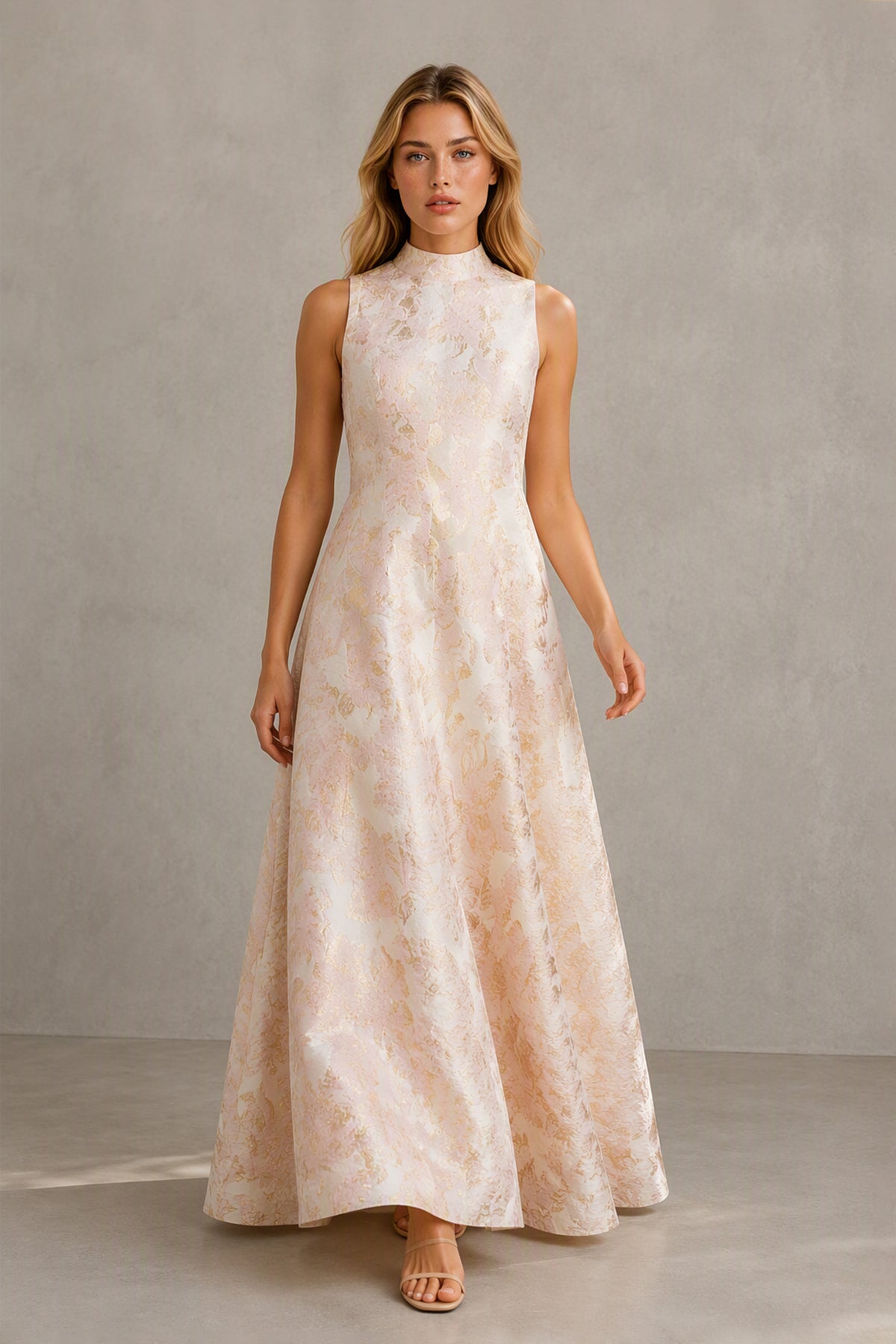 BOLODOO rose gold textured jacquard A-line maxi gown angled front view