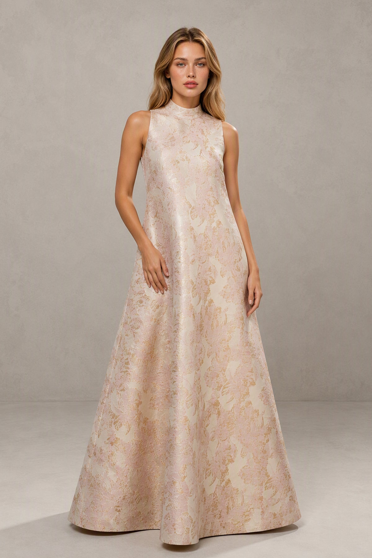BOLODOO rose gold sleeveless high-neck jacquard formal maxi gown front detail