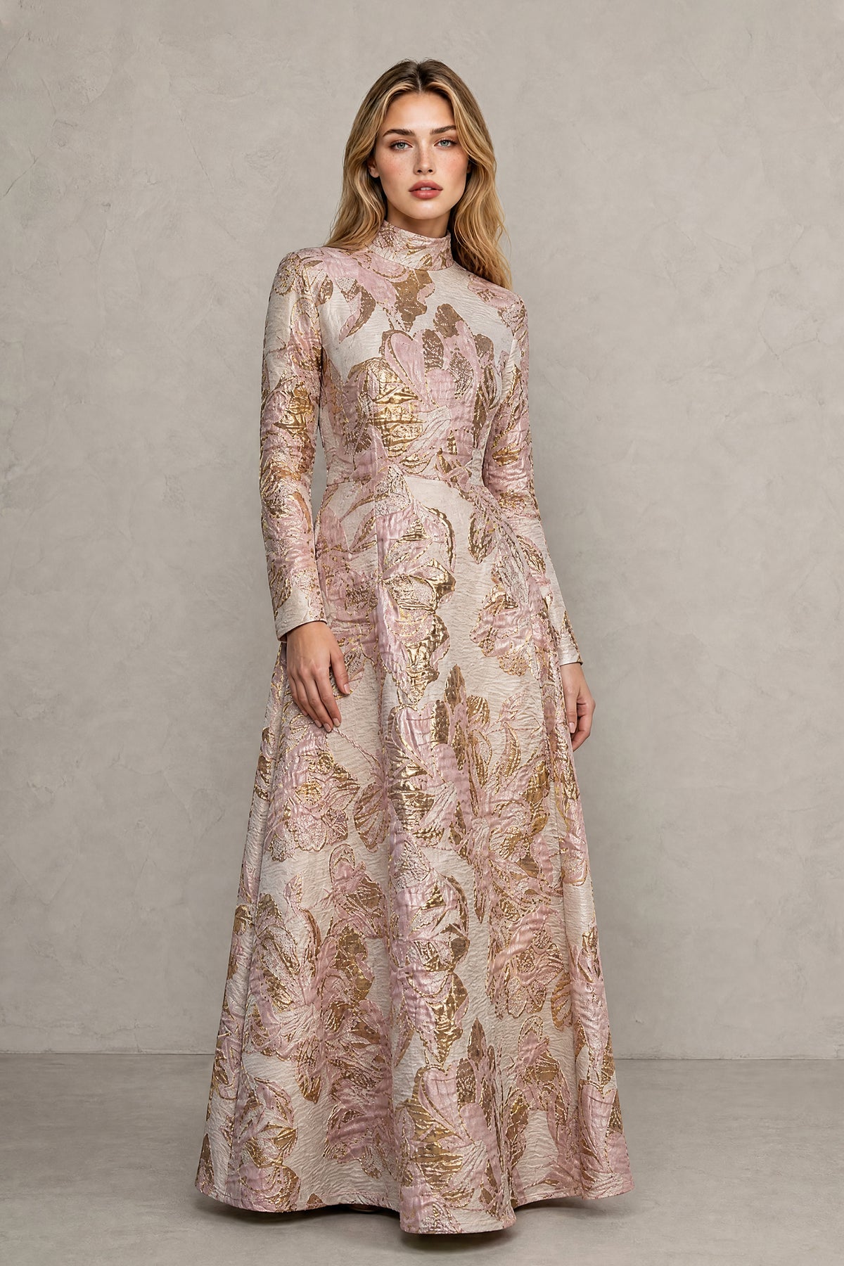 BOLODOO rose gold floral jacquard evening gown full length standing front view