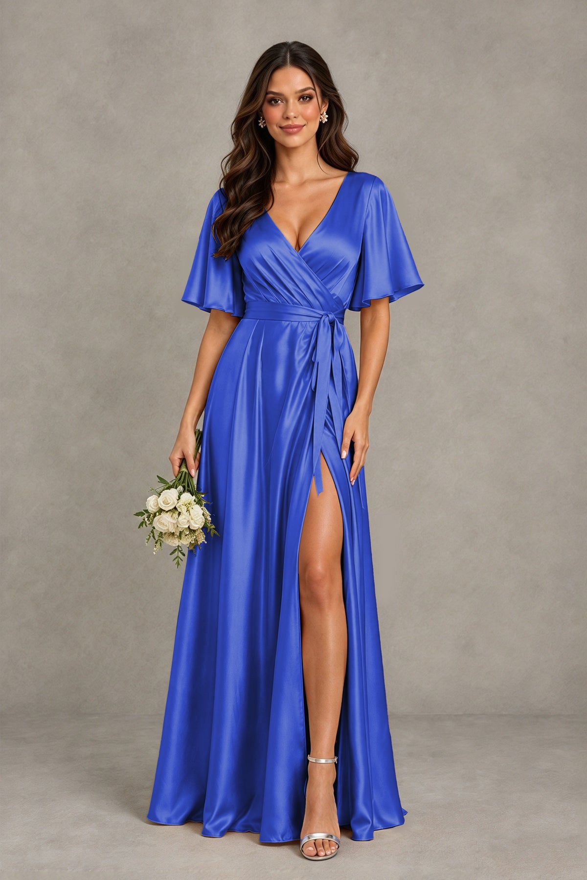BOLODOO RovaL Blue Satin V-Neck Flutter Sleeve Bridesmaid Dress with Slit - RovaL Blue - RovaL Blue(1)