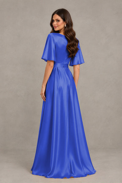 BOLODOO RovaL Blue Satin V-Neck Flutter Sleeve Bridesmaid Dress with Slit - RovaL Blue - RovaL Blue(2)