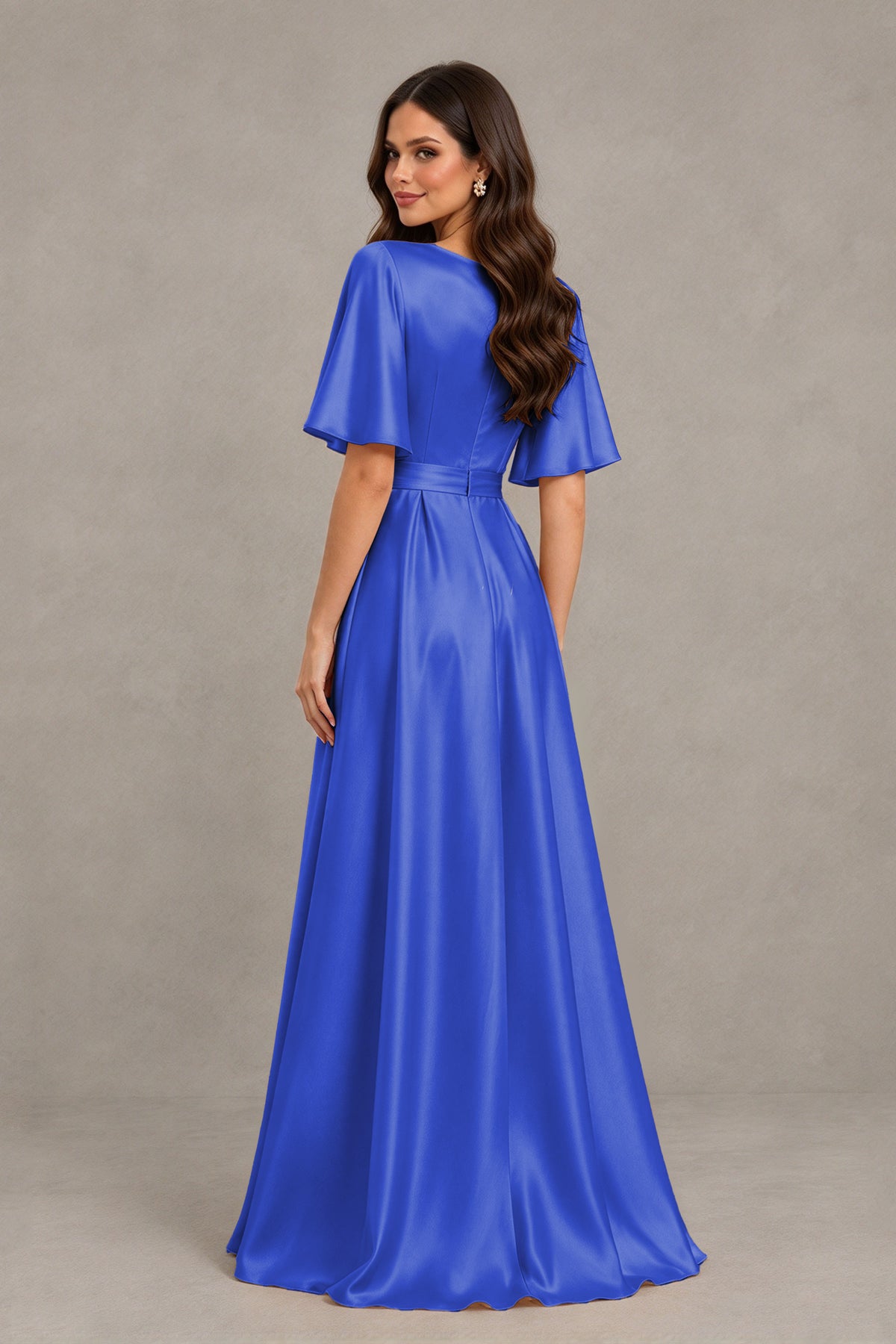 BOLODOO RovaL Blue Satin V-Neck Flutter Sleeve Bridesmaid Dress with Slit - RovaL Blue - RovaL Blue(2)