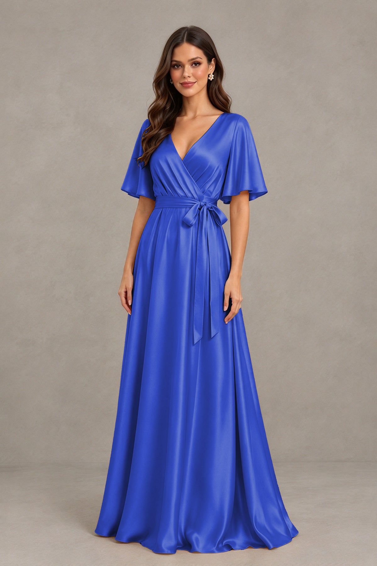 BOLODOO RovaL Blue Satin V-Neck Flutter Sleeve Bridesmaid Dress with Slit - RovaL Blue - RovaL Blue(3)