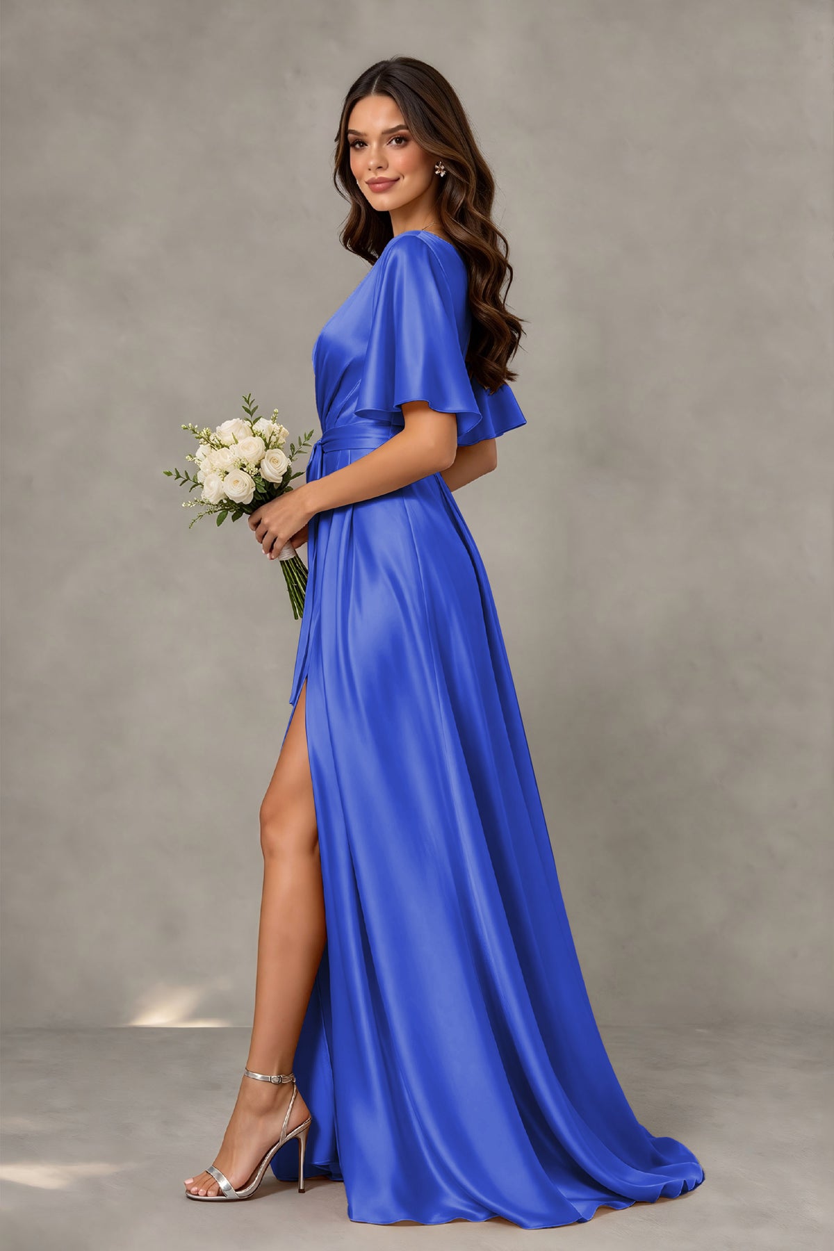 BOLODOO RovaL Blue Satin V-Neck Flutter Sleeve Bridesmaid Dress with Slit - RovaL Blue - RovaL Blue(4)