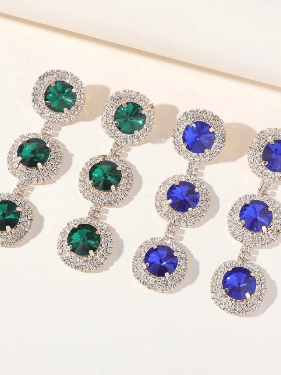 Royal Blue Rhinestones Long Round Earrings