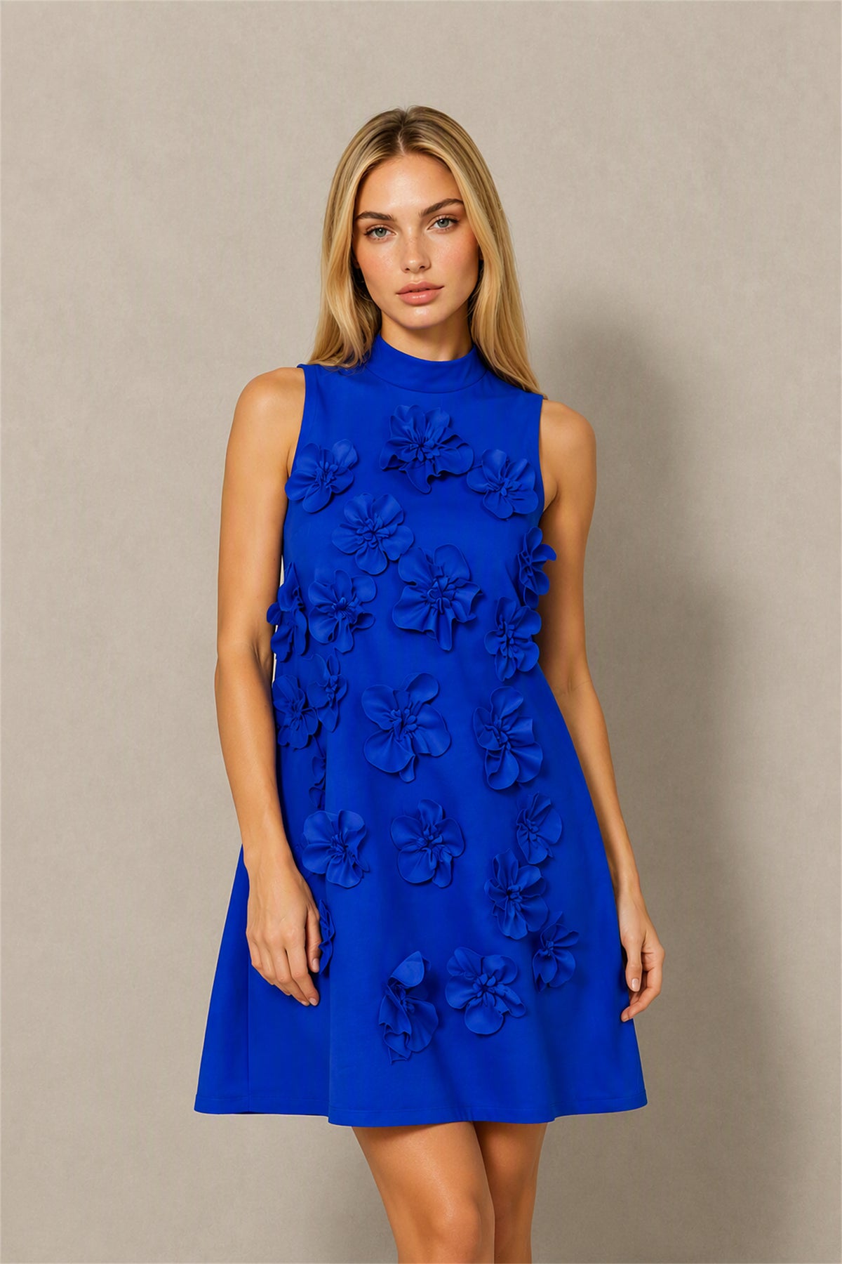BOLODOO Royal Blue 3D Floral Mock Neck Sleeveless Mini Dress | A-Line Party Dress 