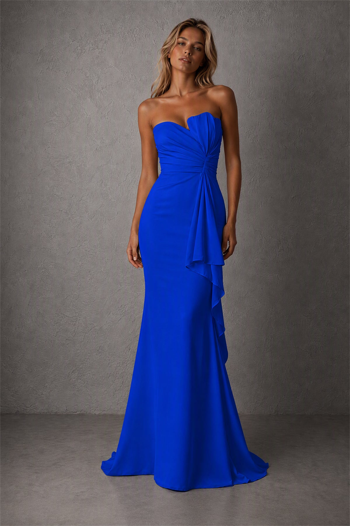 BOLODOO Royal Blue Strapless Sweetheart Ruched Mermaid Gown | Cascade Drape Formal Evening Dress - Royal Blue