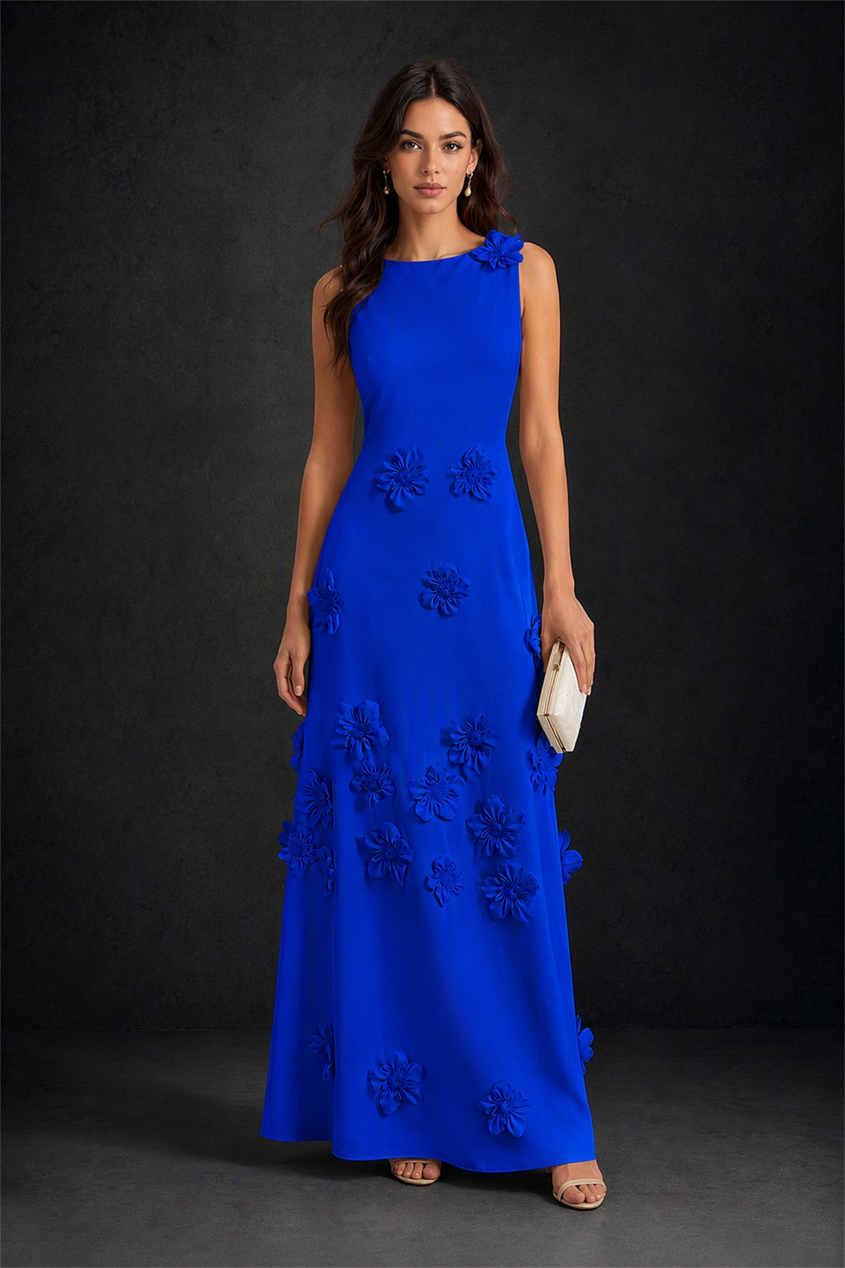 BOLODOO Royal Blue 3D Floral Appliqué Sleeveless Maxi Dress - Royal Blue
