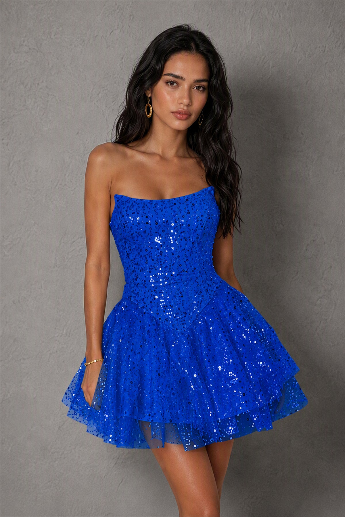 BOLODOO Royal Blue Sequin Strapless Corset Tiered Ruffle Mini Dress | BD0563 - Royal Blue