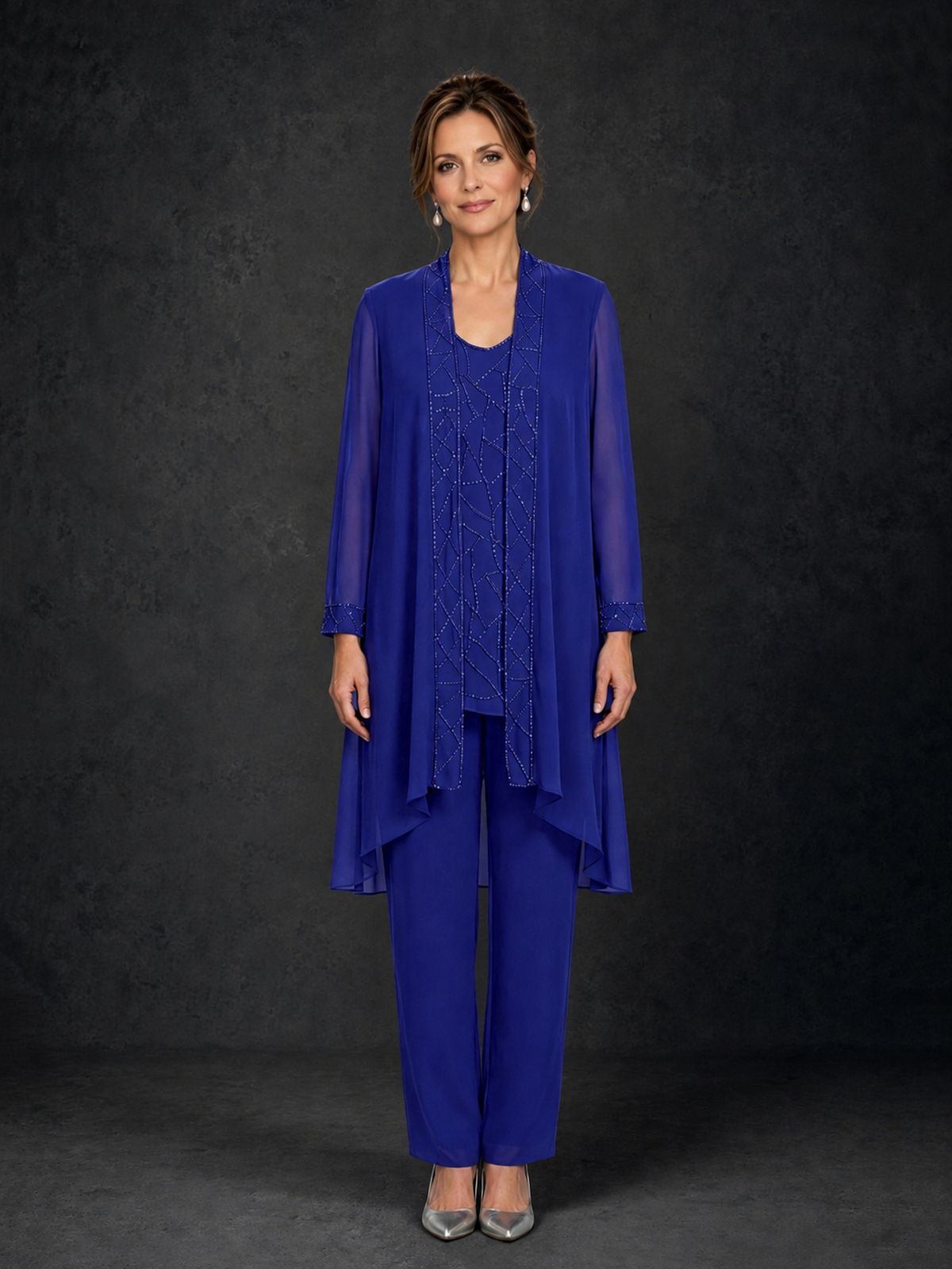 BOLODOO Royal Blue 3-Piece Beaded Chiffon Duster Jacket Pant Suit - Royal Blue - Royal Blue_01