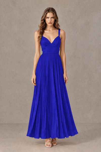 BOLODOO Royal Blue V-Neck Pleated Open-Back Maxi Dress - Royal Blue - Royal Blue_01