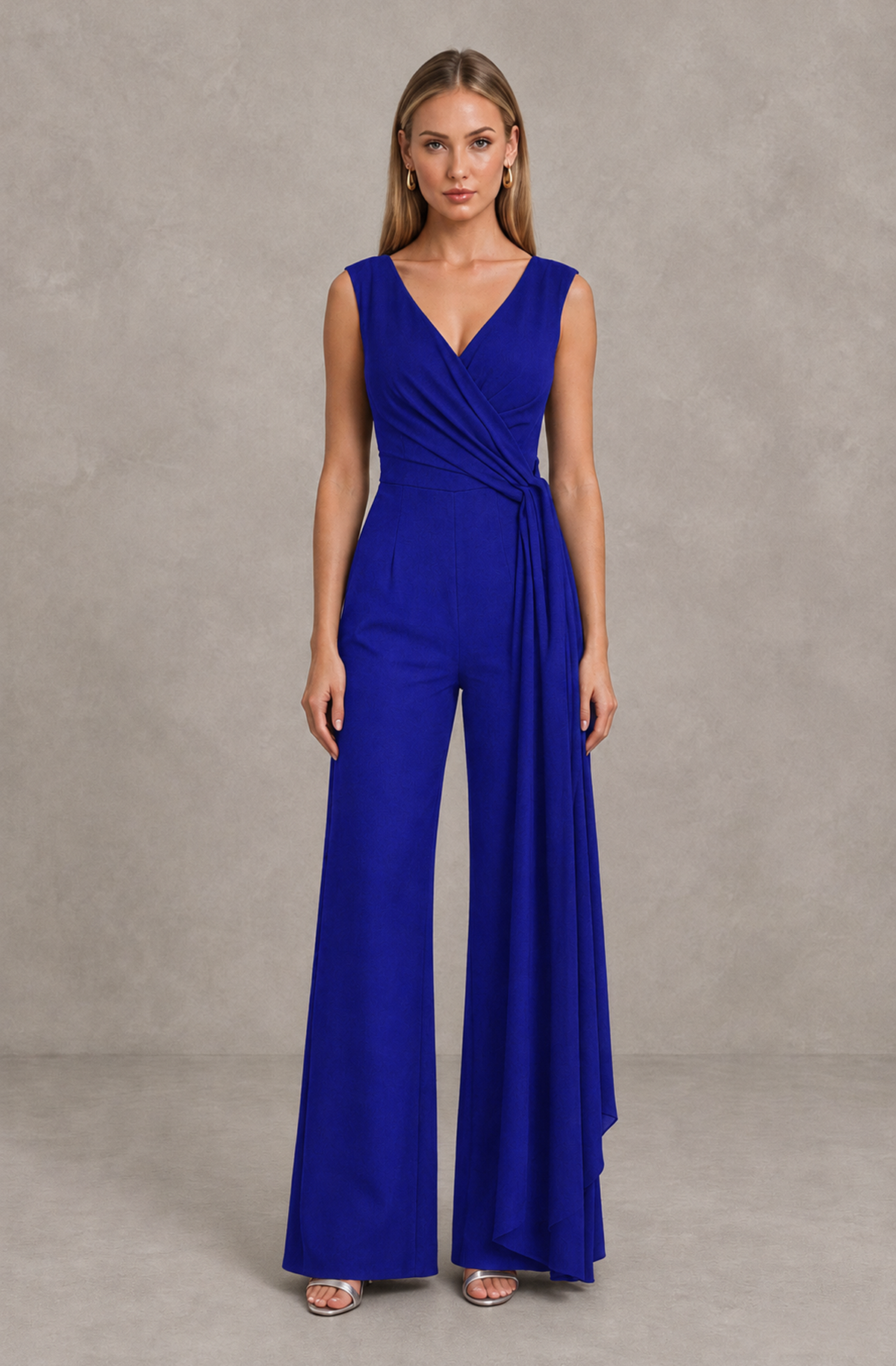 BOLODOO Royal Blue Sleeveless V-Neck Wide-Leg Jumpsuit with Side Drape - Royal Blue - Royal Blue_01