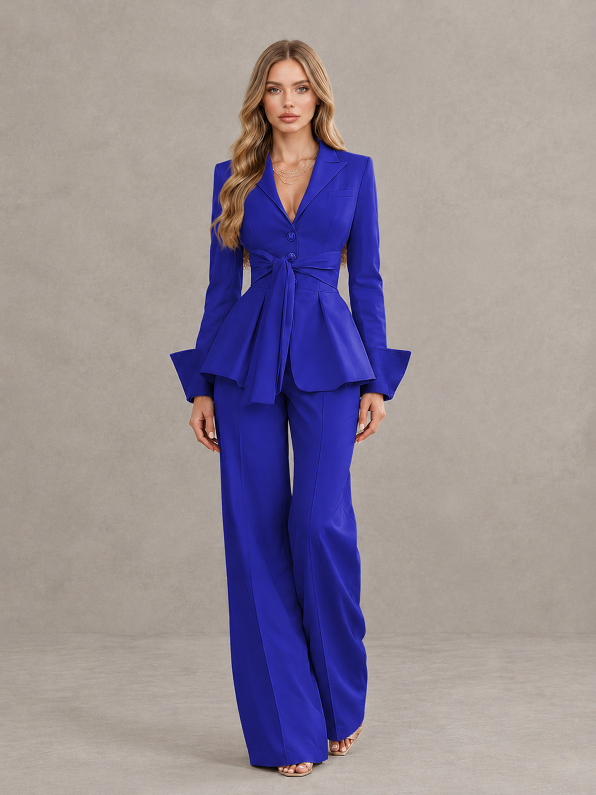 BOLODOO Royal Blue Belted Peplum Pantsuit with Long Sleeves & Wide-Leg Trousers - Royal Blue - Royal Blue_01