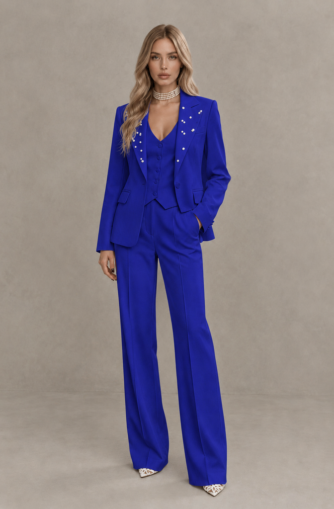 BOLODOO Royal Blue Women's Three-Piece Pantsuit with Blazer & Vest - Royal Blue - Royal Blue_01
