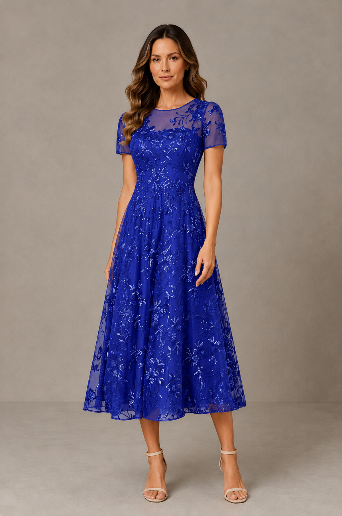 BOLODOO Royal Blue Textured Floral A-Line Dress with Short Sleeves - Royal Blue - Royal Blue_01