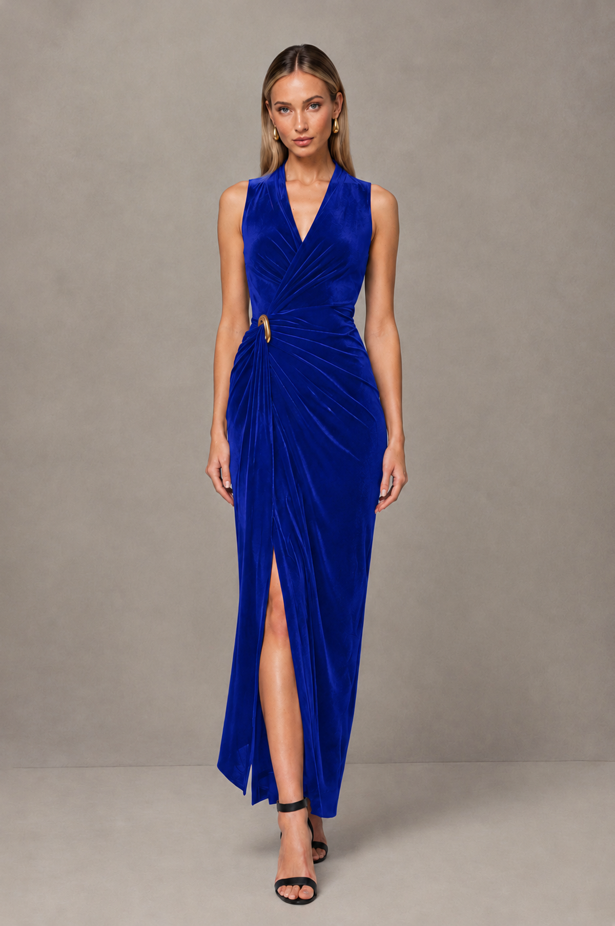 BOLODOO Royal Blue Velvet-Look Sleeveless V-Neck Ruched Slit Maxi Dress - Royal Blue - Royal Blue_01