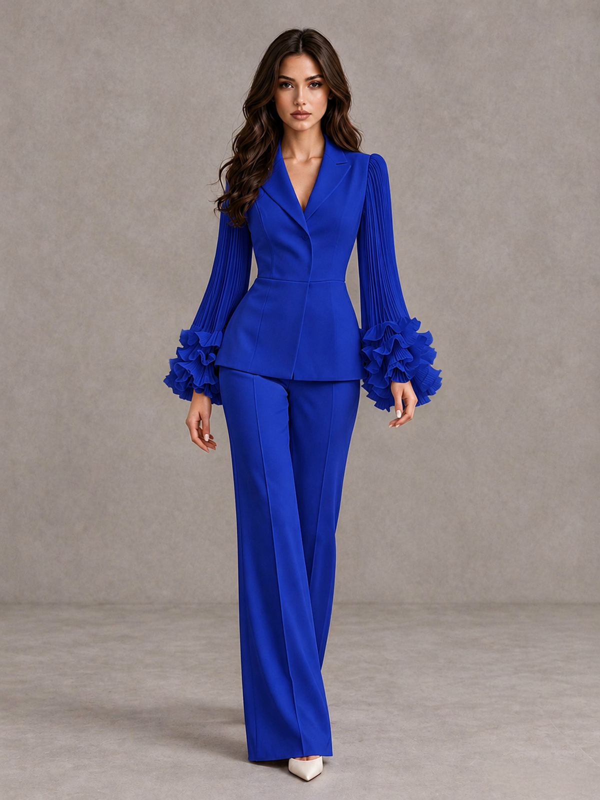 BOLODOO Royal Blue Mother of the Bride Pant Suit – Pleated Long Sleeve Ruffle Cuff Wide Leg Trouser Suit - Royal Blue - Royal Blue_01