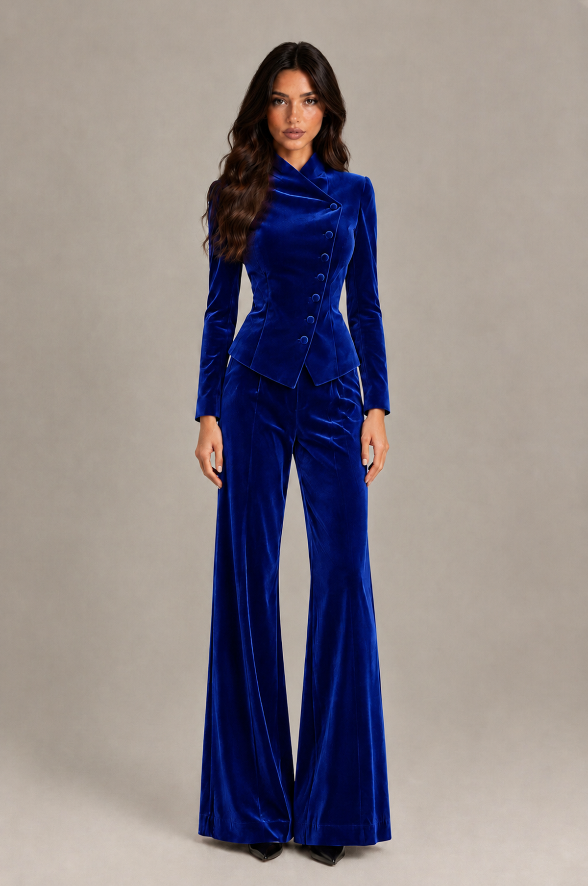 BOLODOO Royal Blue Velvet Two-Piece Pantsuit with Long Sleeve Blazer & Wide-Leg Trousers - Royal Blue - Royal Blue_01