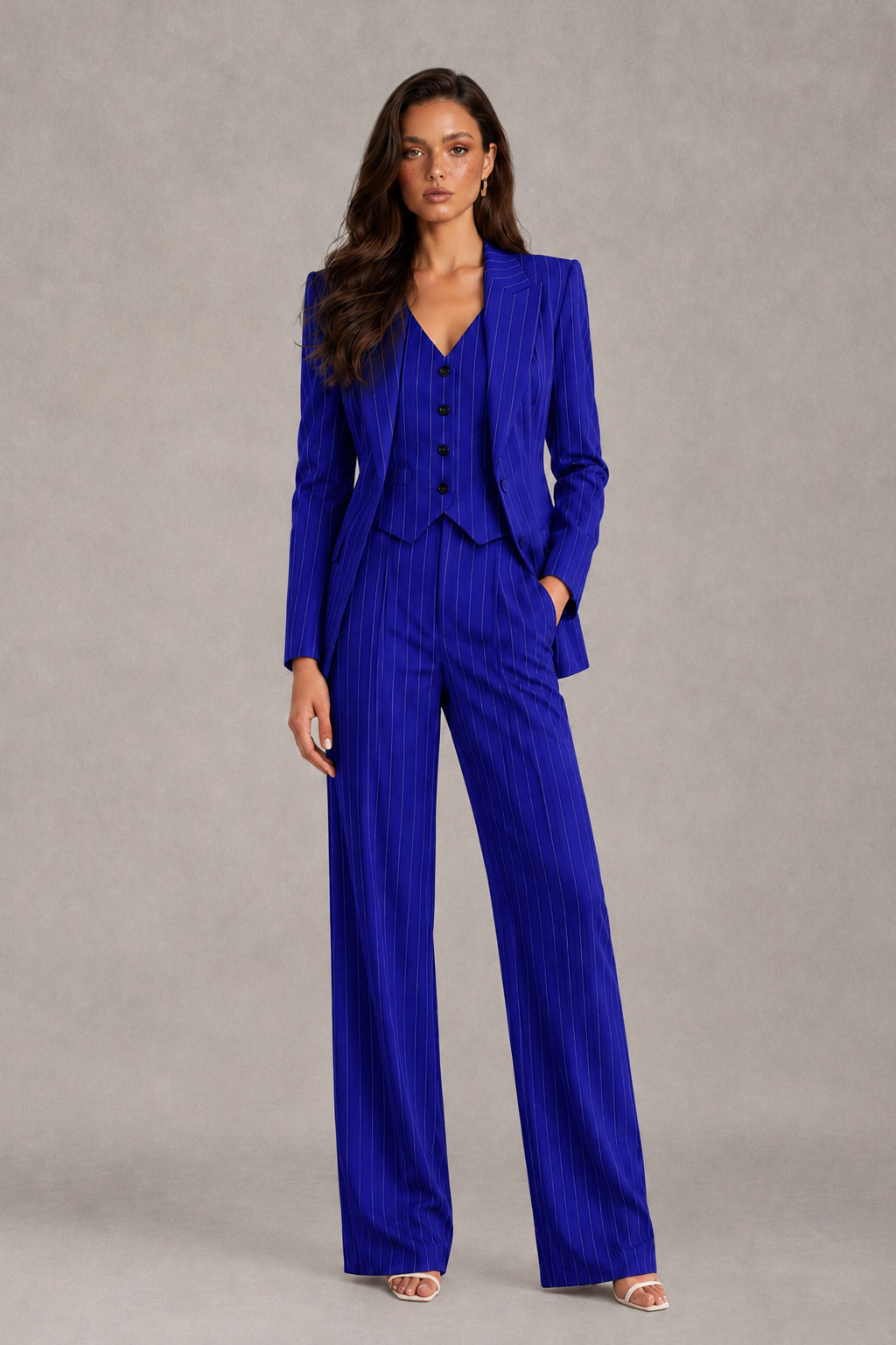 BOLODOO Women's Royal Blue Pinstripe Three-Piece Pantsuit with Wide-Leg Trousers - Royal Blue - Royal Blue_01