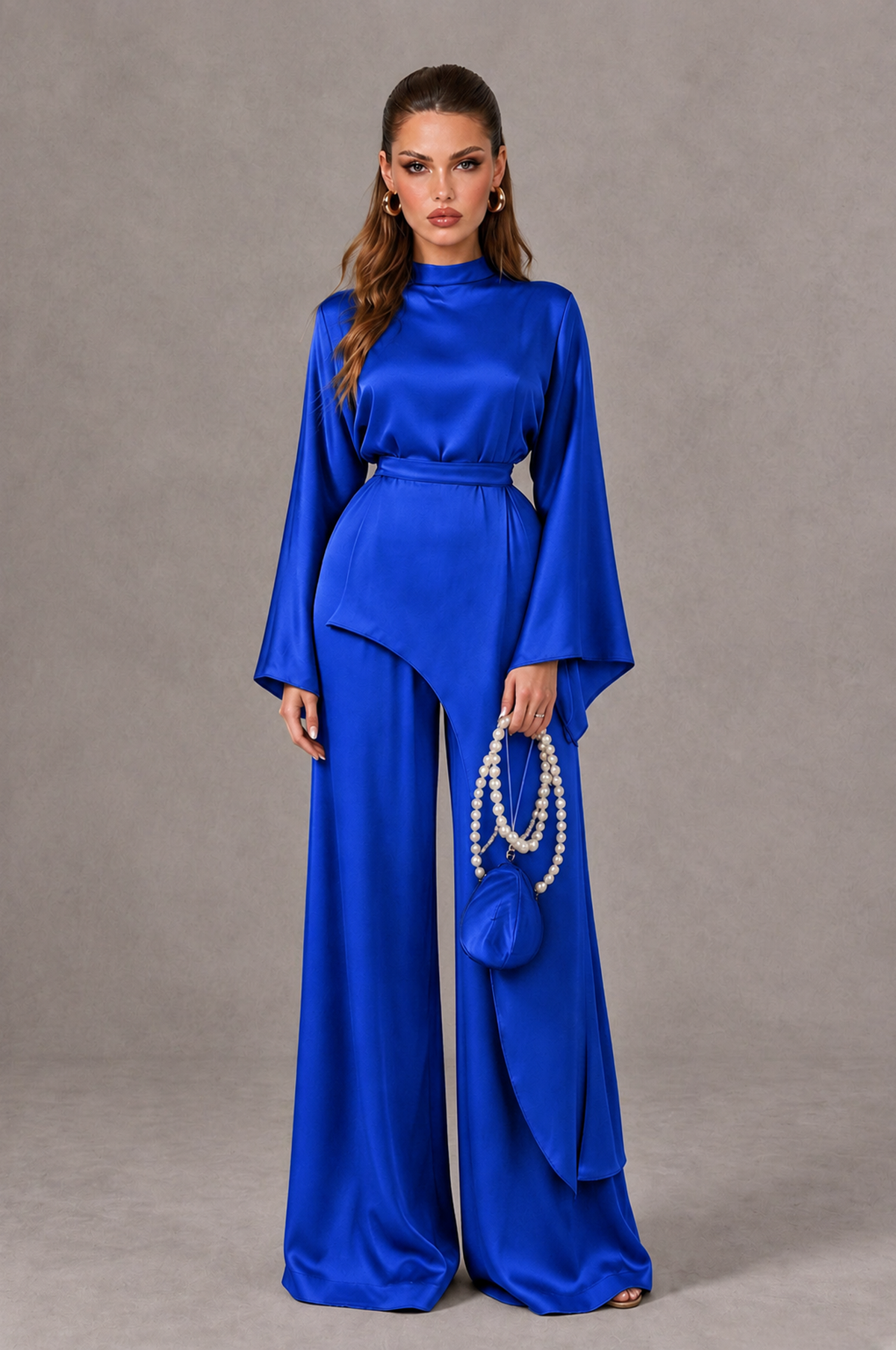 BOLODOO Royal Blue Satin-Look Long Sleeve Wide-Leg Jumpsuit - Royal Blue - Royal Blue_01