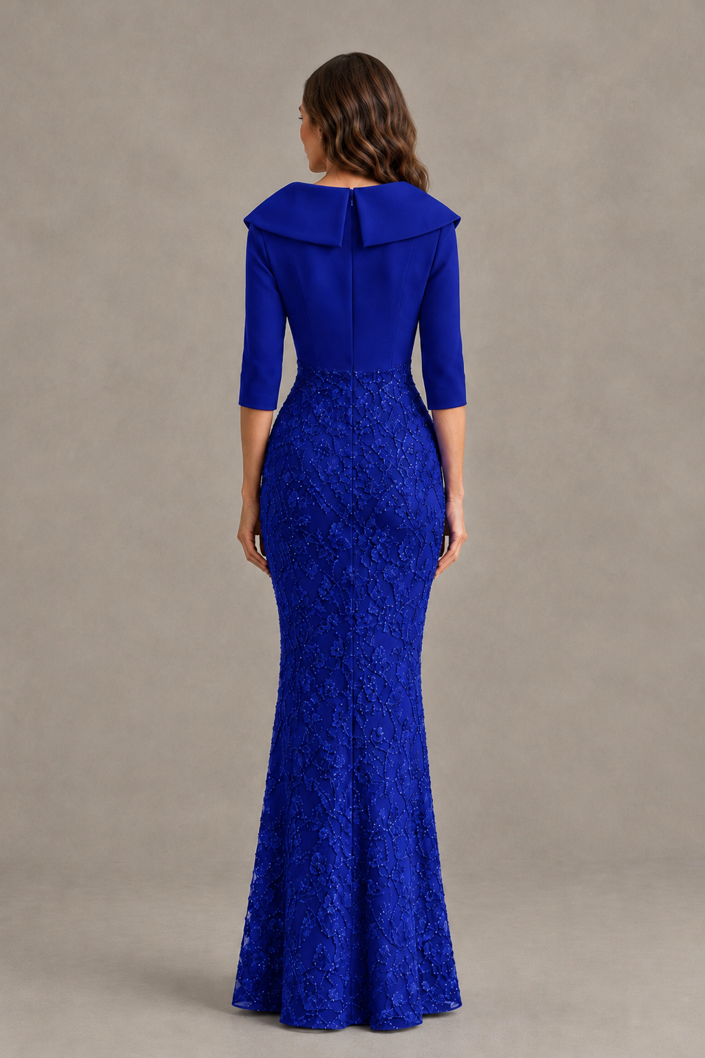 BOLODOO Royal Blue Three-Quarter Sleeve Mermaid Evening Dress with Floral Detail - Royal Blue - Royal Blue_02