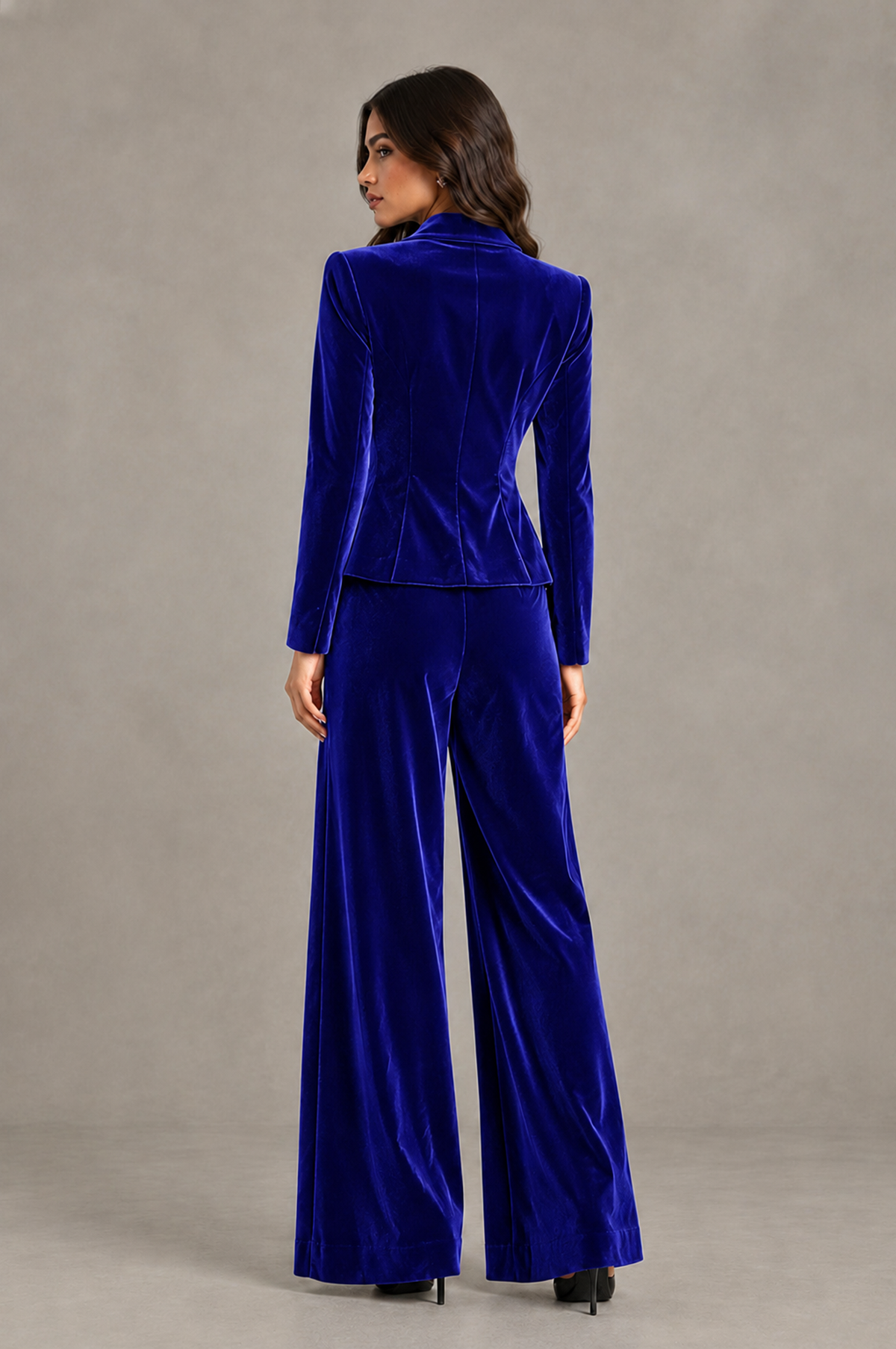 BOLODOO Royal Blue Velvet Two-Piece Pantsuit with Long Sleeve Blazer & Wide-Leg Trousers - Royal Blue - Royal Blue_02