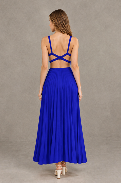 BOLODOO Royal Blue V-Neck Pleated Open-Back Maxi Dress - Royal Blue - Royal Blue_02