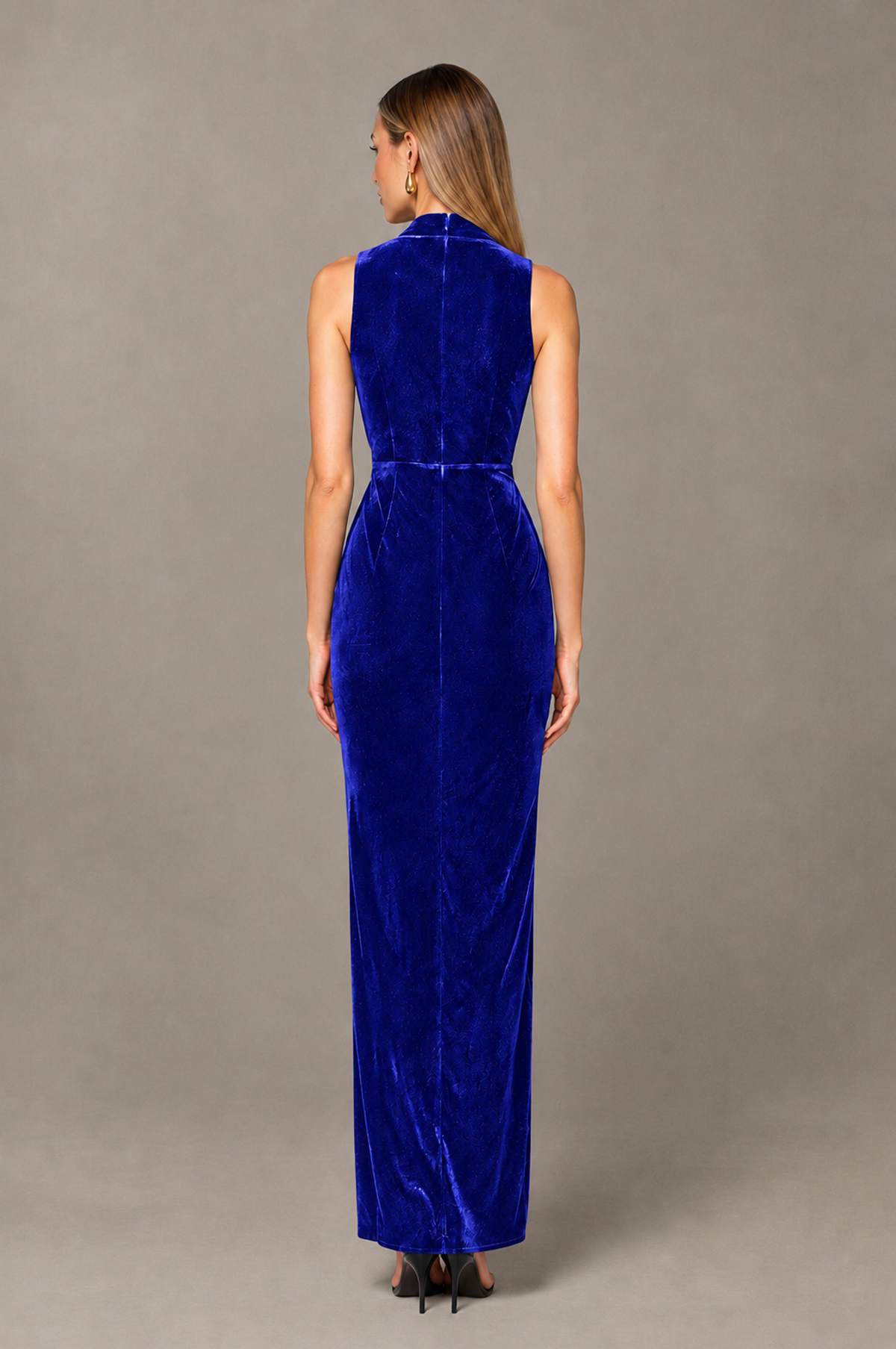 BOLODOO Royal Blue Velvet-Look Sleeveless V-Neck Ruched Slit Maxi Dress - Royal Blue - Royal Blue_02