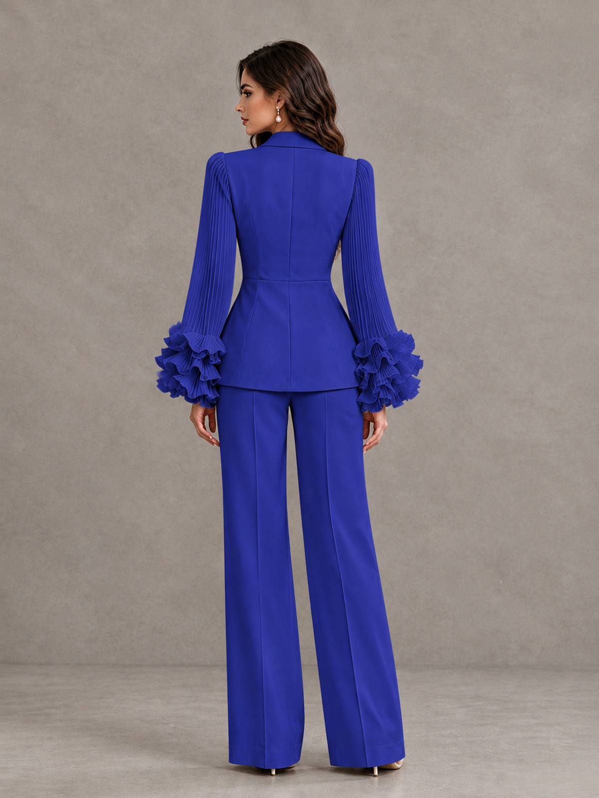 BOLODOO Royal Blue Mother of the Bride Pant Suit – Pleated Long Sleeve Ruffle Cuff Wide Leg Trouser Suit - Royal Blue - Royal Blue_02