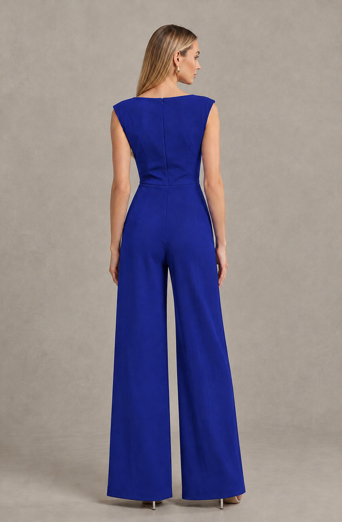 BOLODOO Royal Blue Sleeveless V-Neck Wide-Leg Jumpsuit with Side Drape - Royal Blue - Royal Blue_02