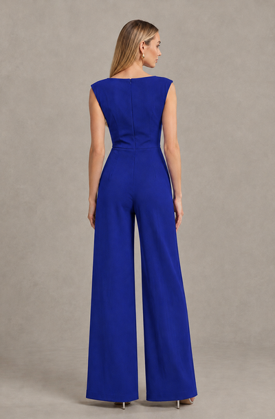 BOLODOO Royal Blue Sleeveless V-Neck Wide-Leg Jumpsuit with Side Drape - Royal Blue - Royal Blue_02