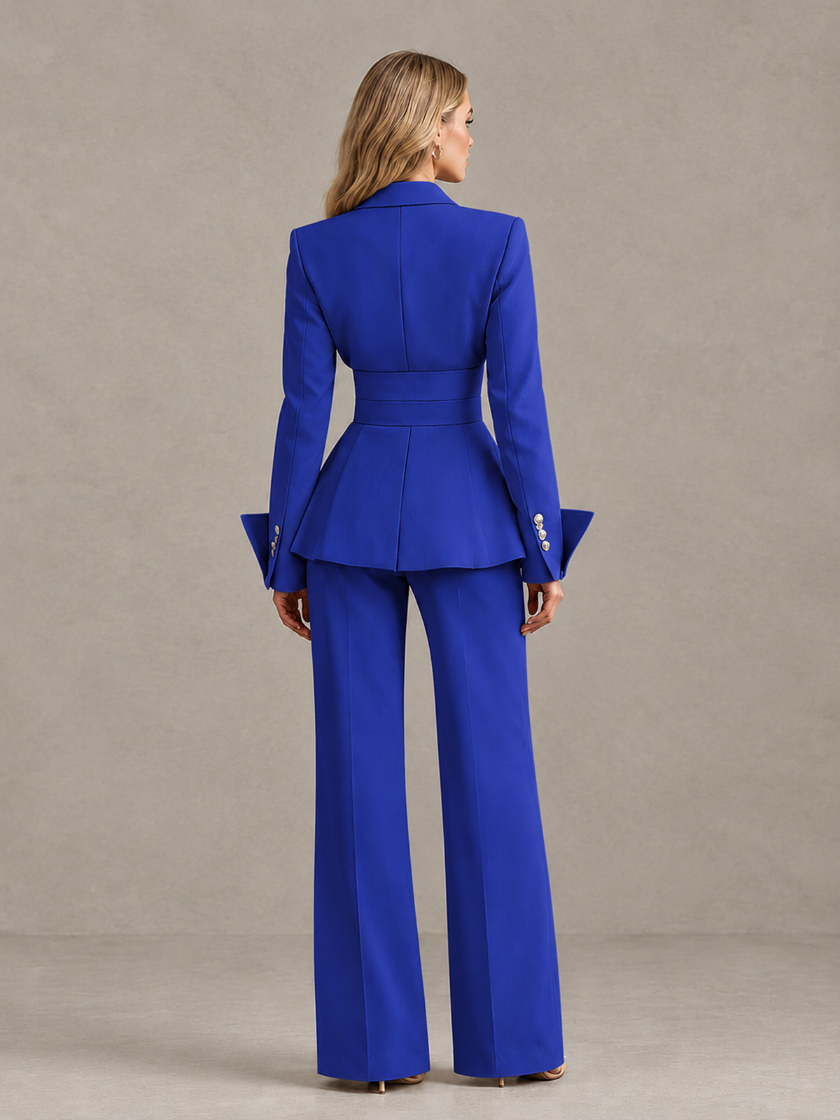 BOLODOO Royal Blue Belted Peplum Pantsuit with Long Sleeves & Wide-Leg Trousers - Royal Blue - Royal Blue_02