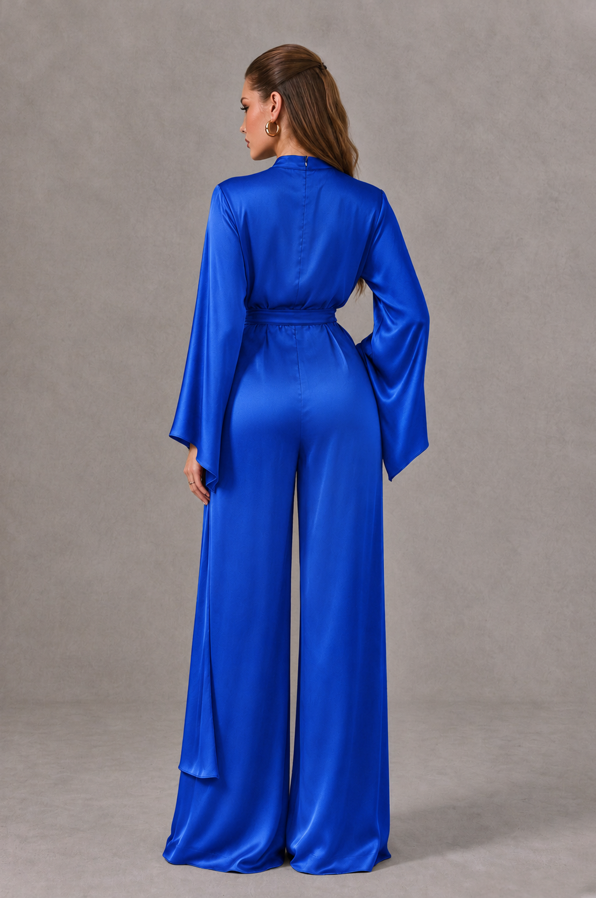 BOLODOO Royal Blue Satin-Look Long Sleeve Wide-Leg Jumpsuit - Royal Blue - Royal Blue_02