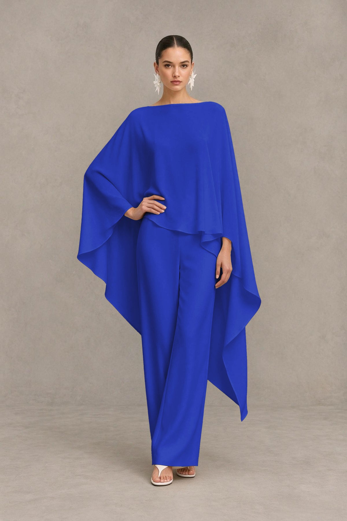 BOLODOO Royal Blue Cape Sleeve Wide-Leg Formal Pantsuit - Royal Blue - Royal Blue_03