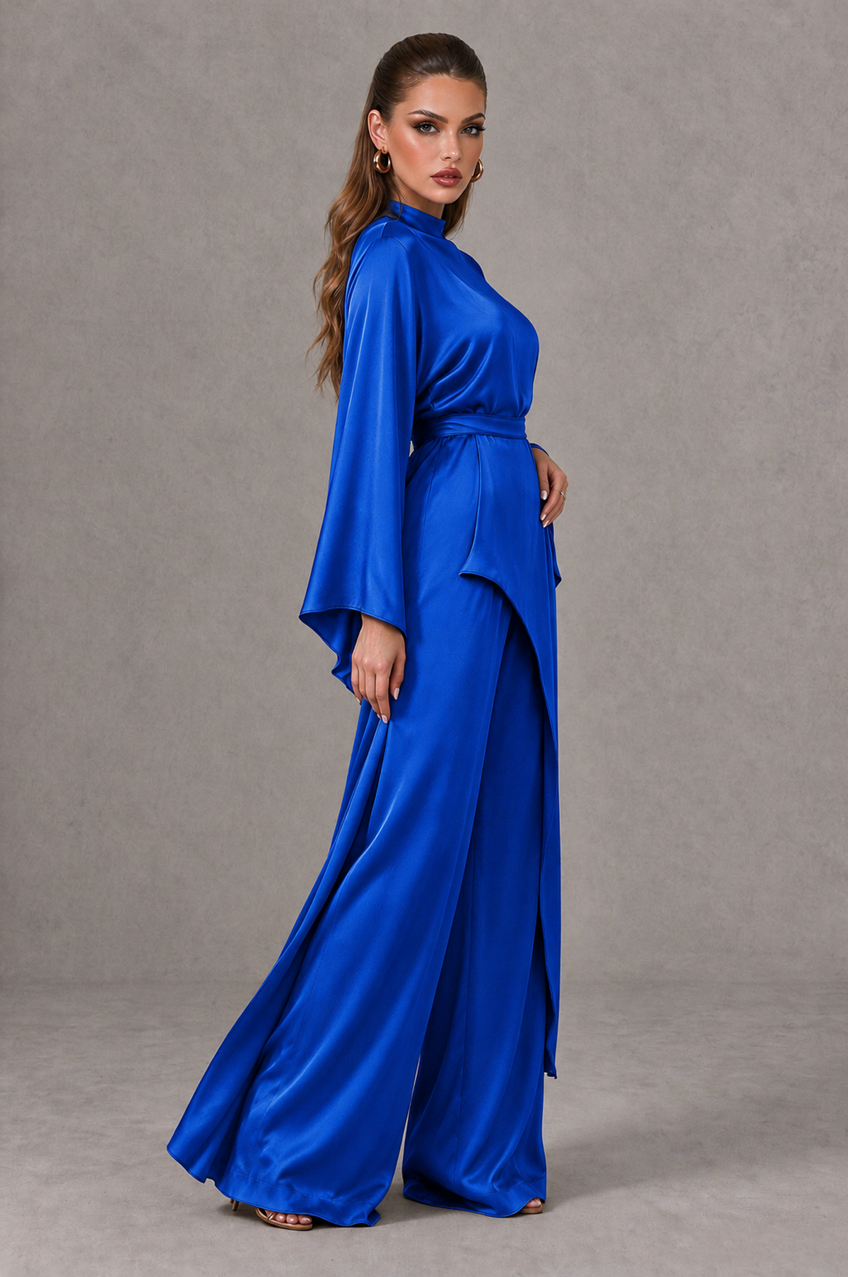 BOLODOO Royal Blue Satin-Look Long Sleeve Wide-Leg Jumpsuit - Royal Blue - Royal Blue_03