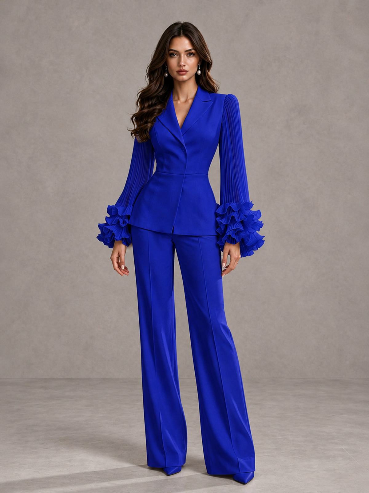 BOLODOO Royal Blue Mother of the Bride Pant Suit – Pleated Long Sleeve Ruffle Cuff Wide Leg Trouser Suit - Royal Blue - Royal Blue_03