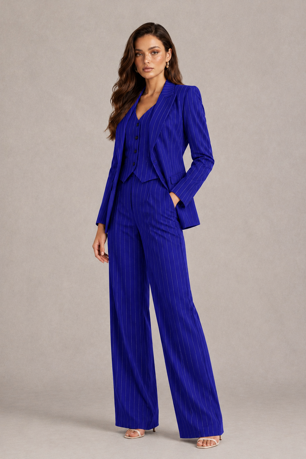 BOLODOO Women's Royal Blue Pinstripe Three-Piece Pantsuit with Wide-Leg Trousers - Royal Blue - Royal Blue_03