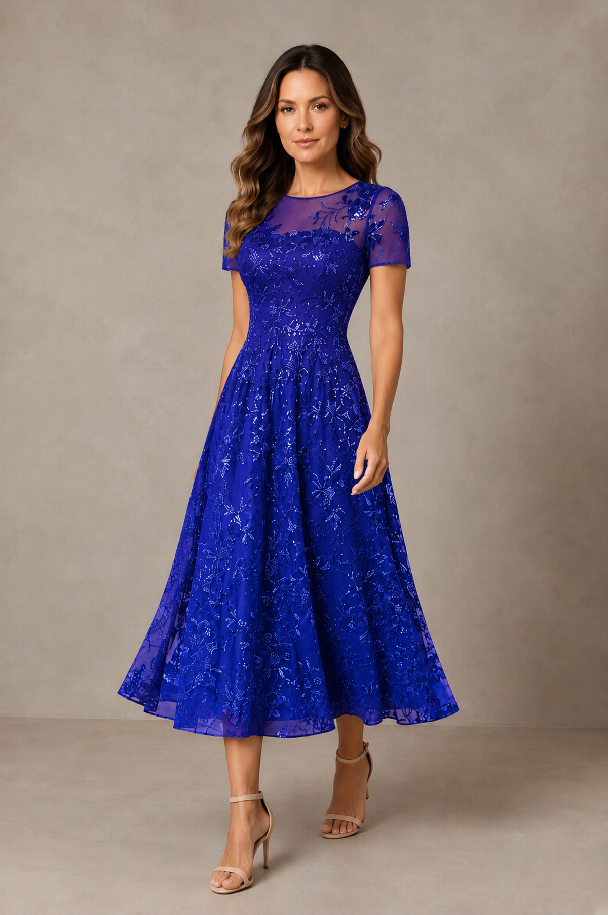 BOLODOO Royal Blue Textured Floral A-Line Dress with Short Sleeves - Royal Blue - Royal Blue_03