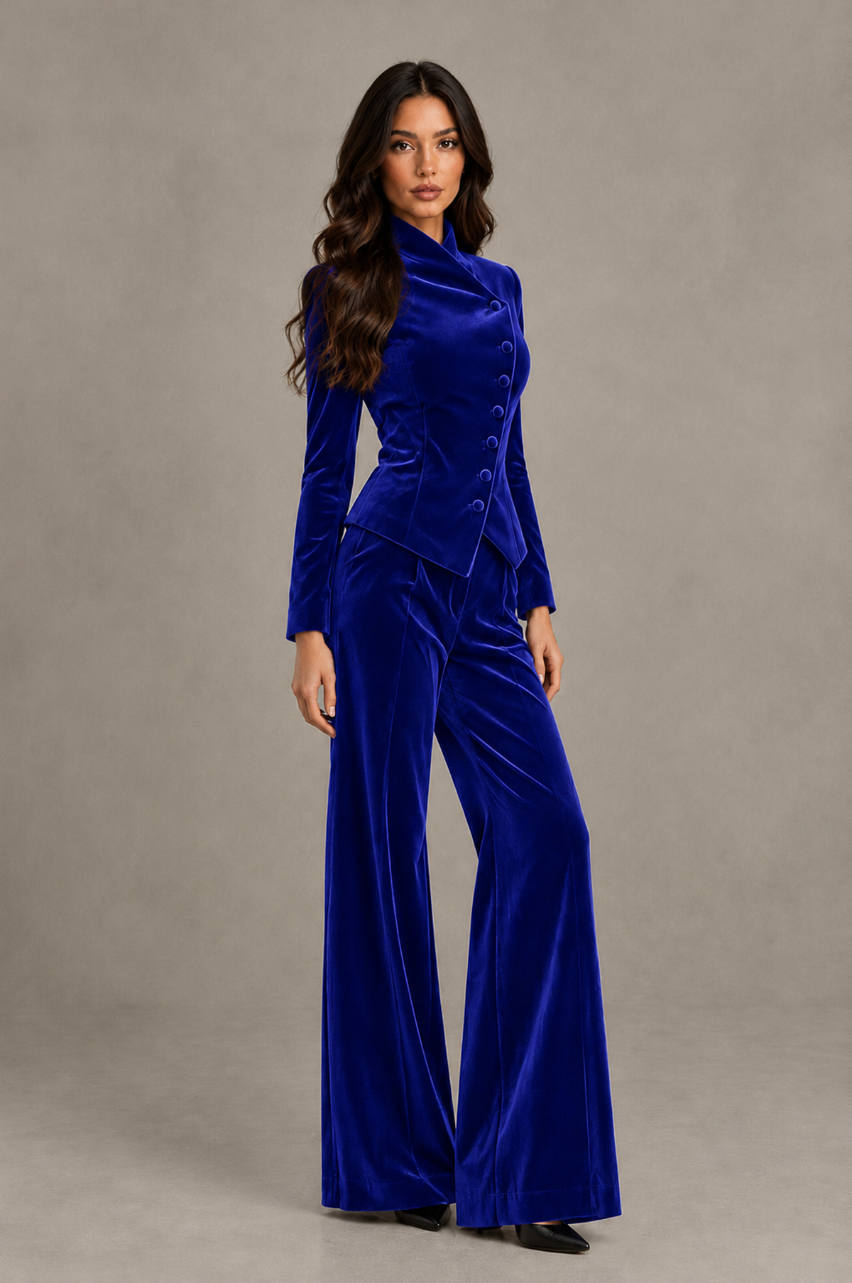 BOLODOO Royal Blue Velvet Two-Piece Pantsuit with Long Sleeve Blazer & Wide-Leg Trousers - Royal Blue - Royal Blue_03