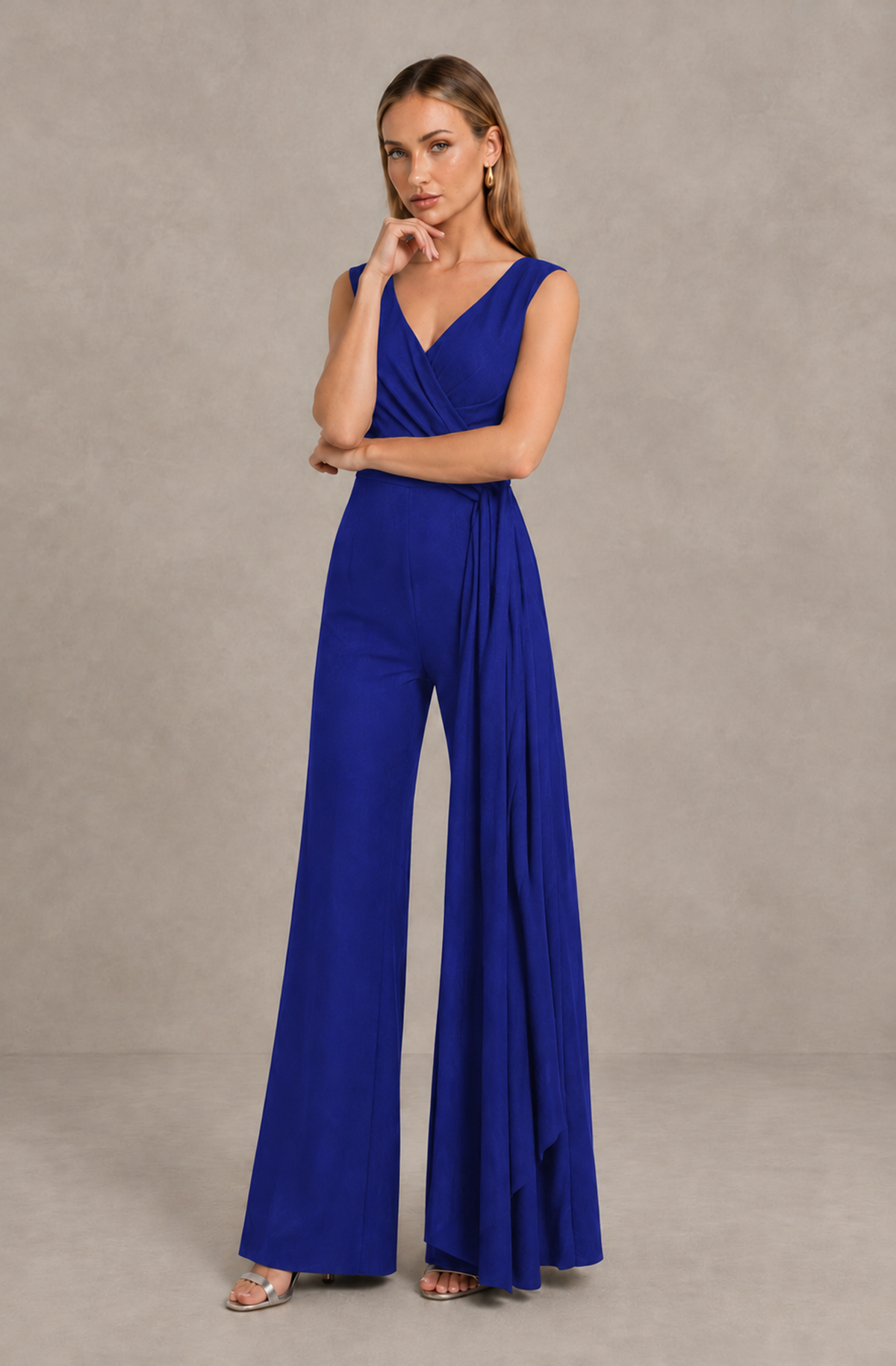 BOLODOO Royal Blue Sleeveless V-Neck Wide-Leg Jumpsuit with Side Drape - Royal Blue - Royal Blue_03