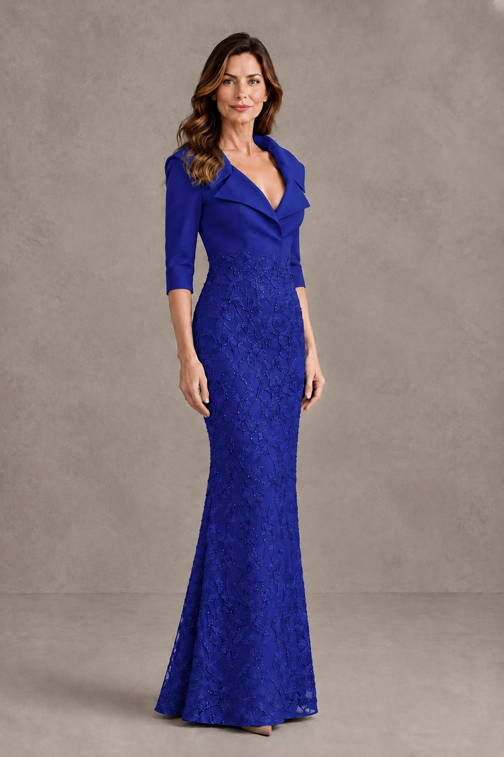 BOLODOO Royal Blue Three-Quarter Sleeve Mermaid Evening Dress with Floral Detail - Royal Blue - Royal Blue_03