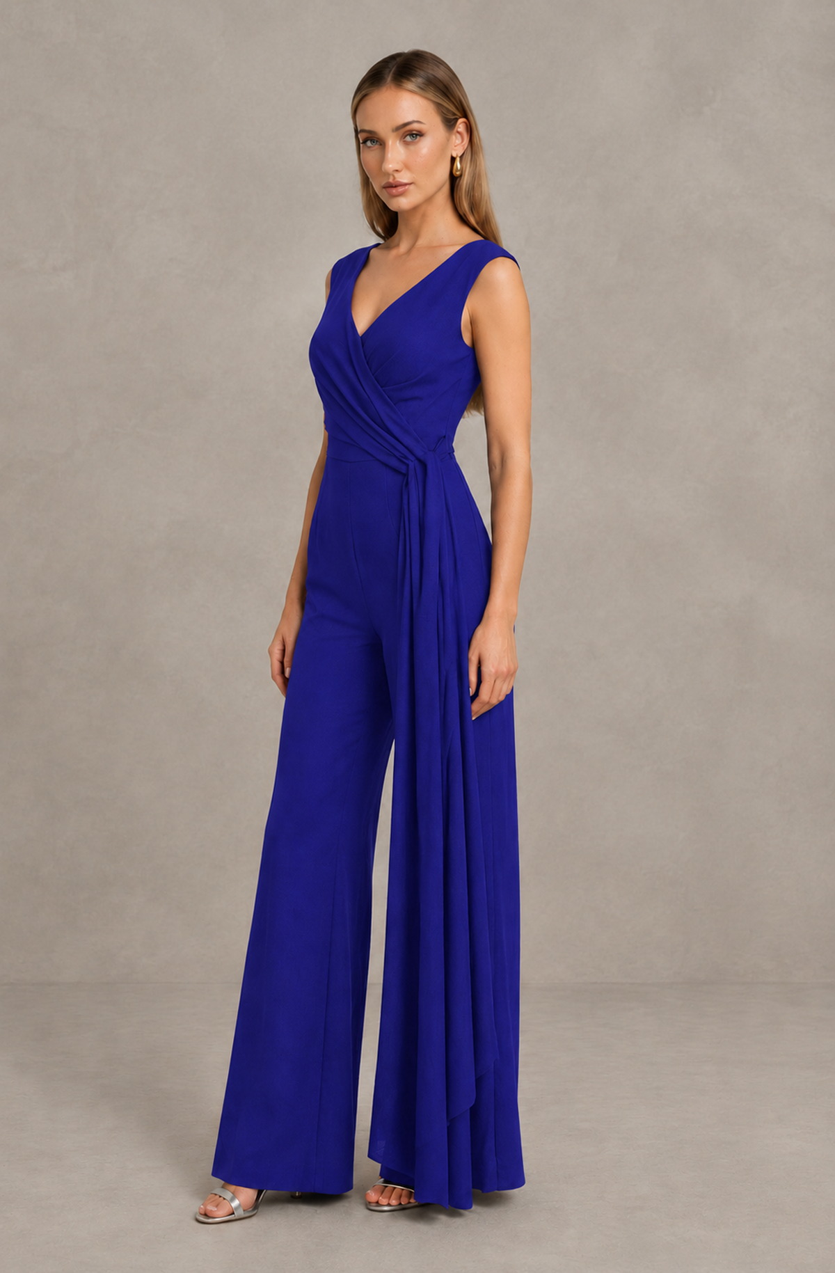 BOLODOO Royal Blue Sleeveless V-Neck Wide-Leg Jumpsuit with Side Drape - Royal Blue - Royal Blue_04