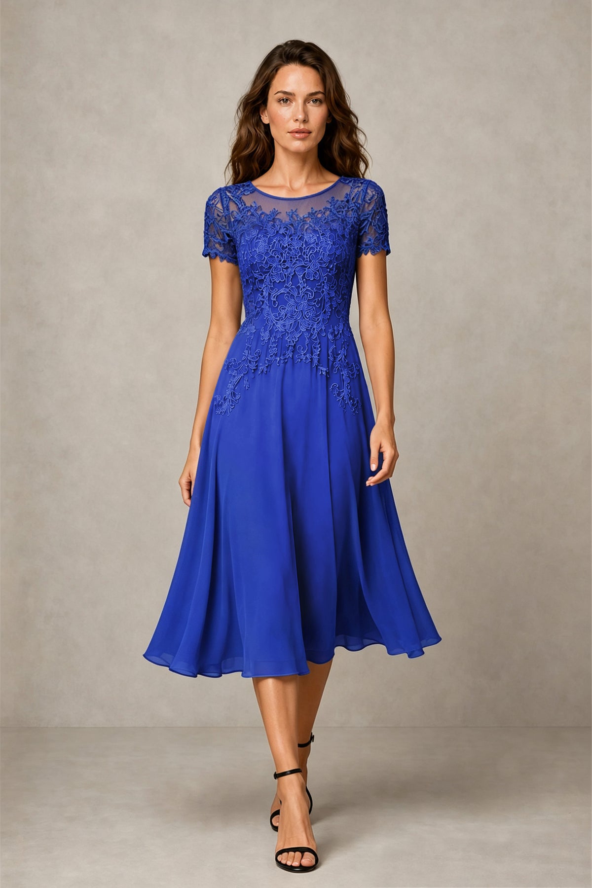 BOLODOO Steel Royal Blue Beaded Lace Illusion Bodice Chiffon Tea-Length Dress | Mother of the Bride & Cocktail Party - Royal Blue