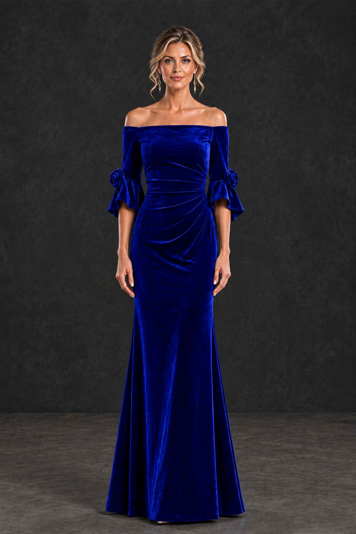 BOLODOO Royal Blue Velvet Off-Shoulder Mother of the Bride Dress – 3/4 Floral Cuff Sleeve Mermaid Evening Gown - Royal Blue - Royal Blue_1