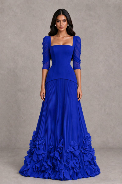 BOLODOO Royal Blue Square Neck Pleated Floral Applique Evening Dress - Royal Blue - Royal Blue_1