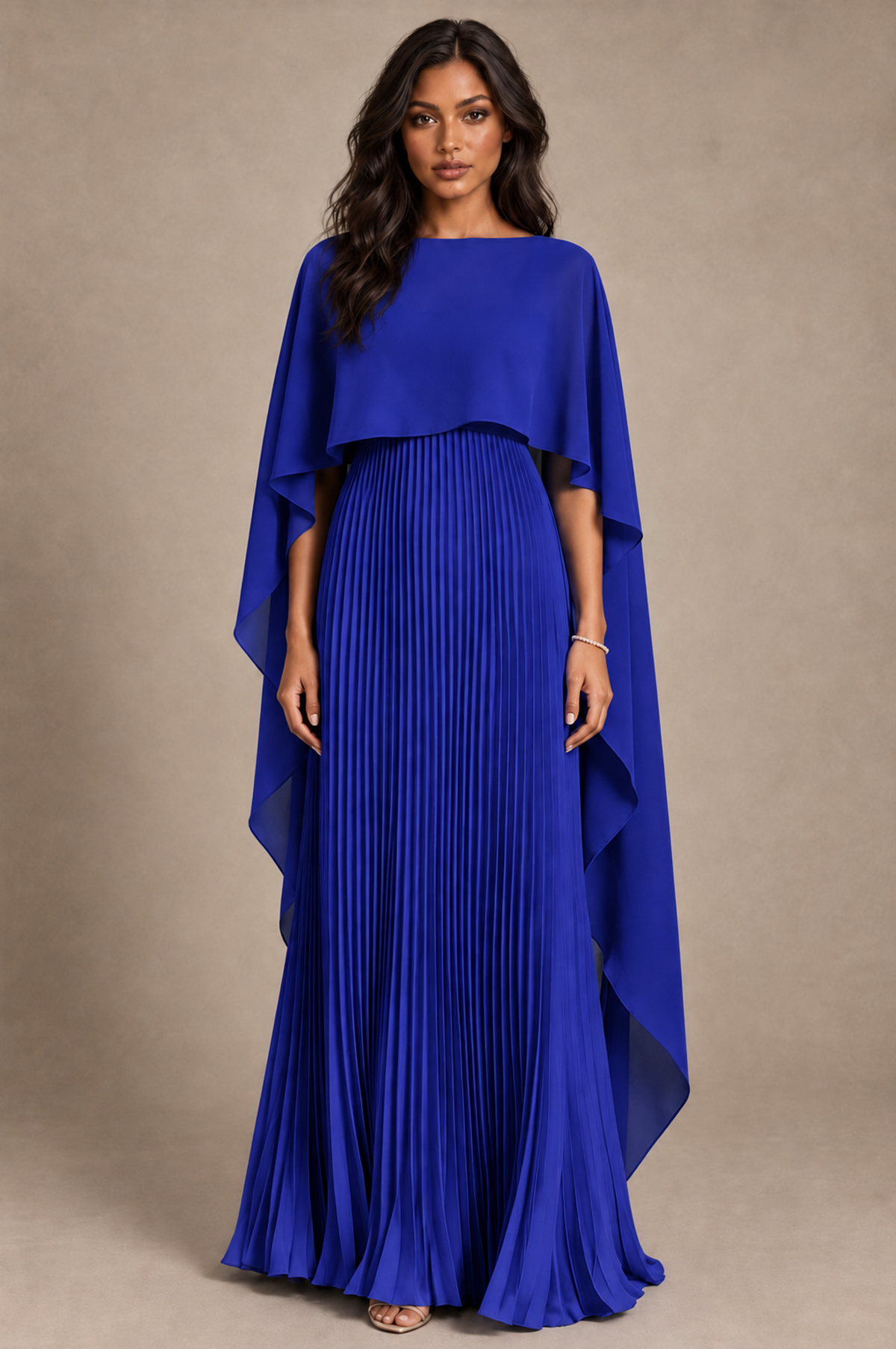 BOLODOO Royal Blue Pleated Cape A-Line Evening Dress - Royal Blue - Royal_Blue_1