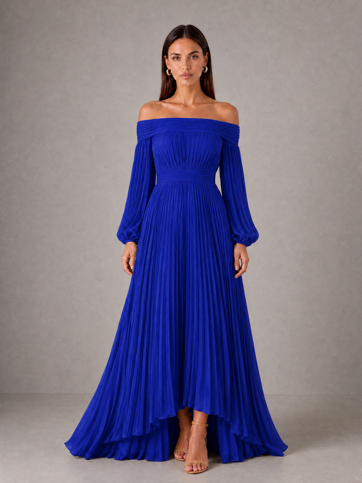 BOLODOO Royal Blue Off-Shoulder Long Sleeve Pleated High-Low Dress - Royal Blue - Royal_Blue_1