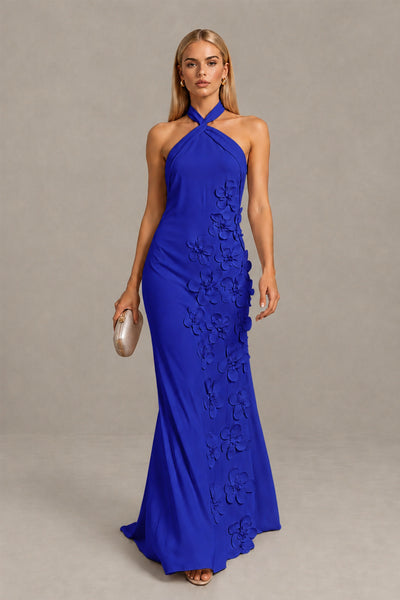 BOLODOO Royal Blue Cross Halter Neck 3D Floral Appliqué Backless Mermaid Maxi Gown - Royal Blue - Royal_Blue_1