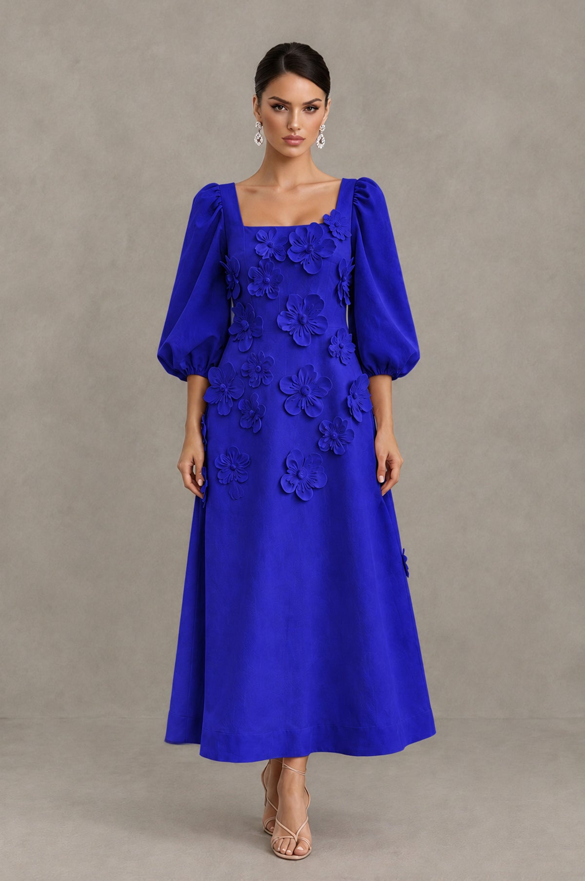 BOLODOO Royal Blue 3D Floral Puff Sleeve Midi Cocktail Dress - Royal Blue - Royal Blue_1